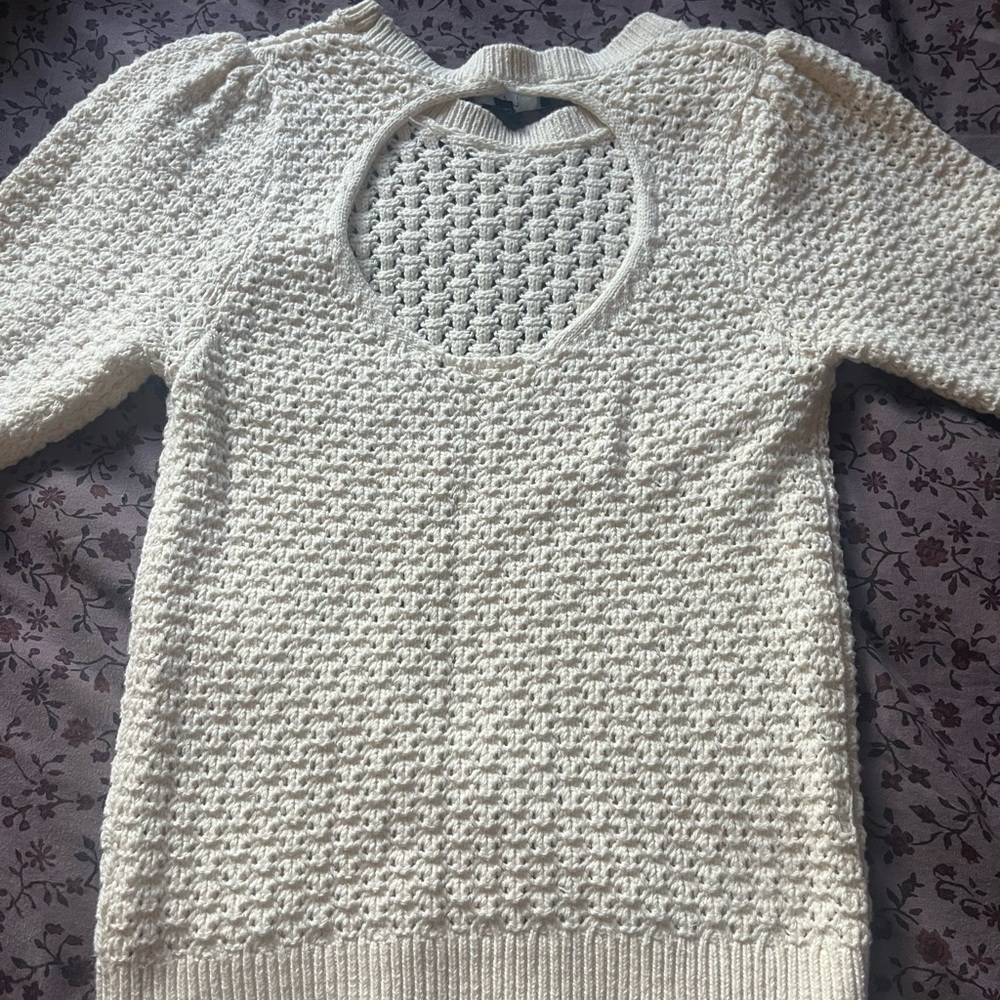 White Textured Crew Neck Sweater with Cutout